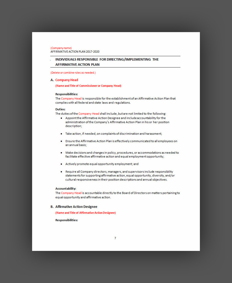Affirmative Action Plan Template Affirmative Action Plan Template