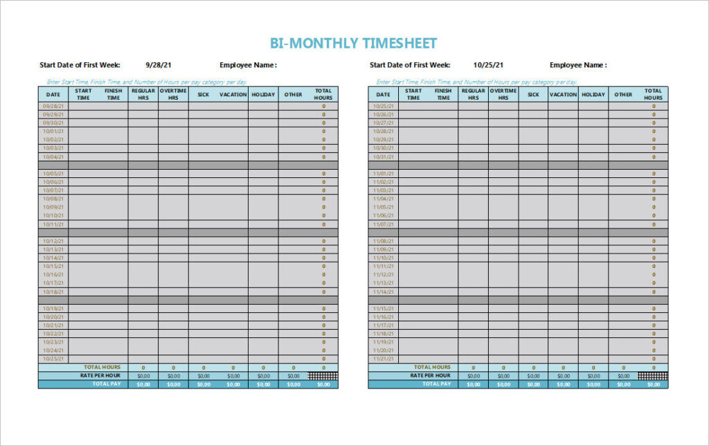 Bi monthly timesheet template excel 