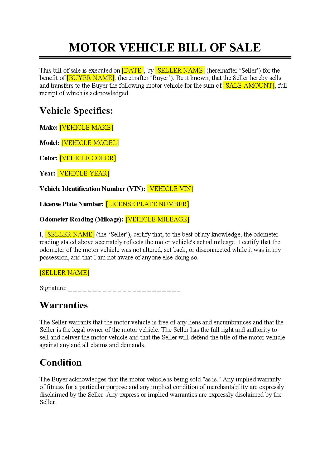Bill of Sale for Vehicle Example Bill of Sale for Vehicle Example