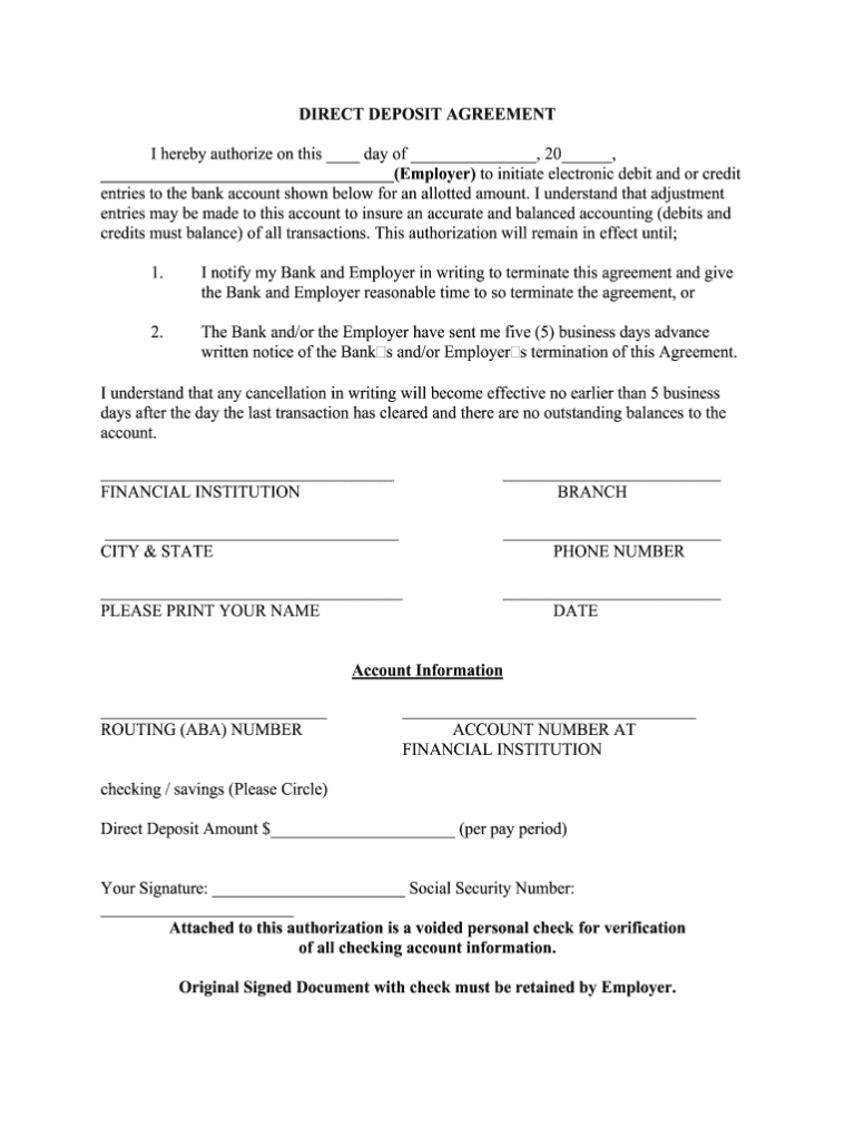 Printable Blank Direct Deposit Form