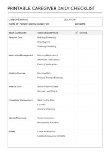 Printable Caregiver Daily Checklist Template