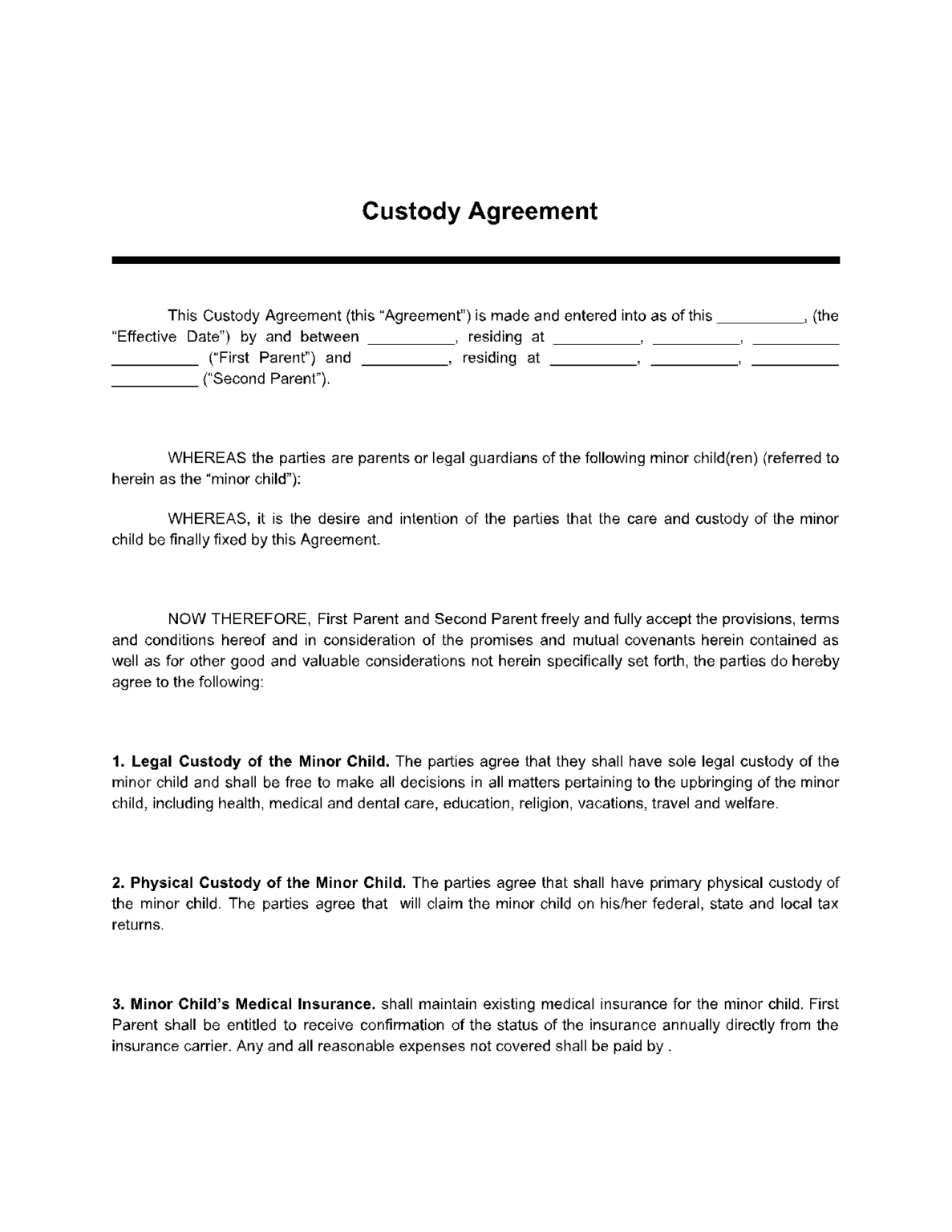 Child Custody Agreement Template (Word)