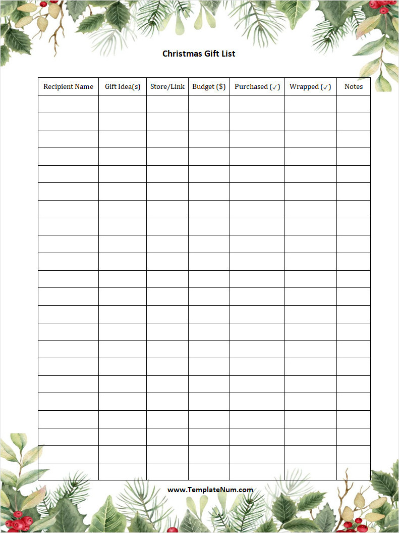 Christmas Gift List Template Christmas Gift List Template