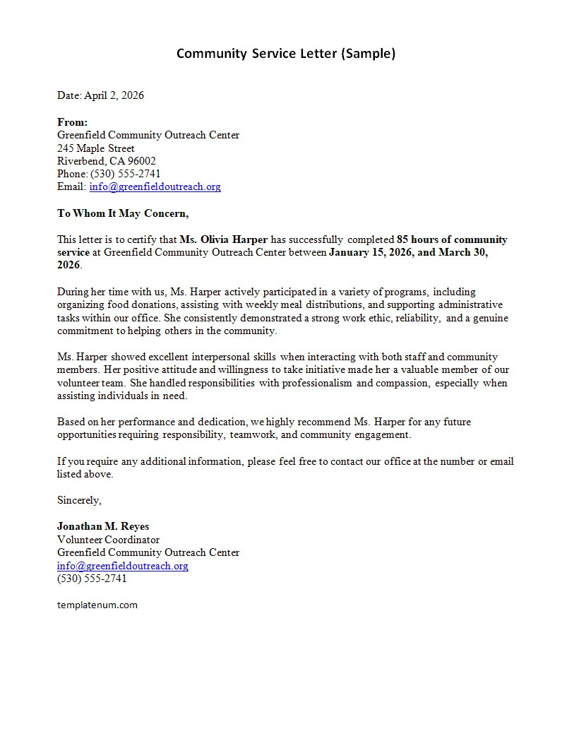 Community Service Letter Template Community Service Letter Template Word
