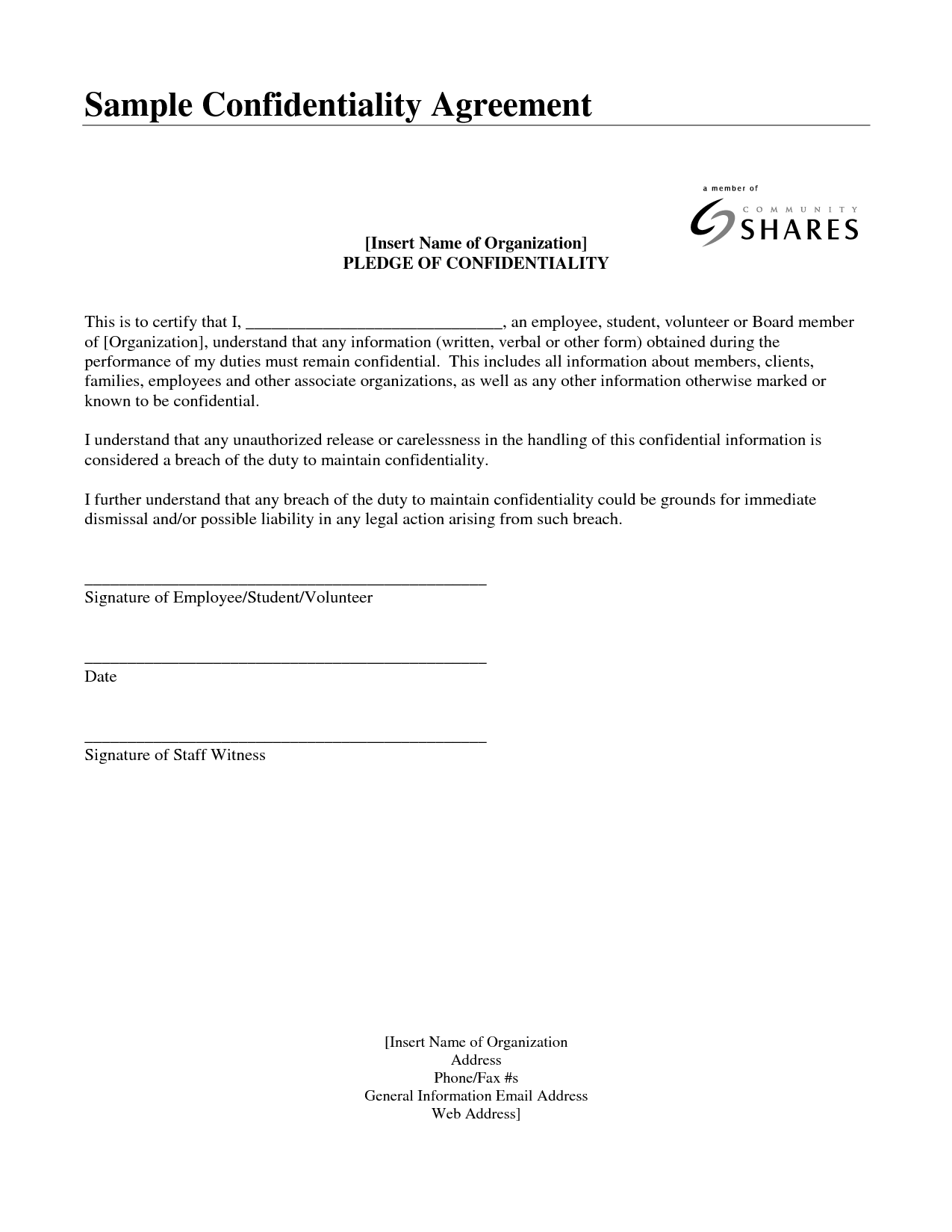 Confidentiality Agreement Template Example Confidentiality Agreement Template Example