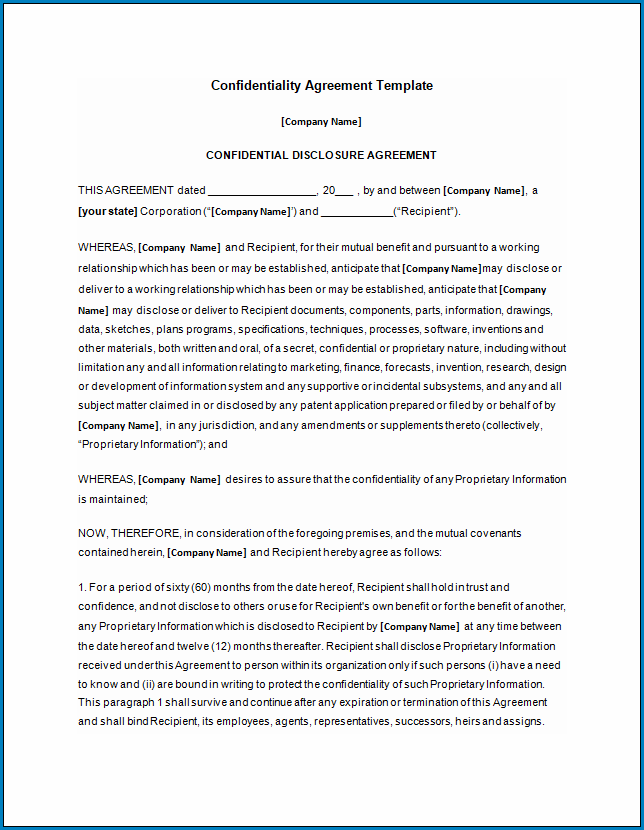 Confidentiality Agreement Template Confidentiality Agreement Template