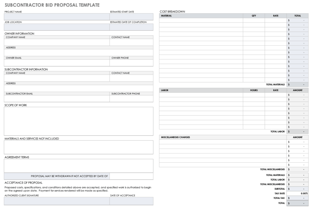 Construction Bid Sheet Template