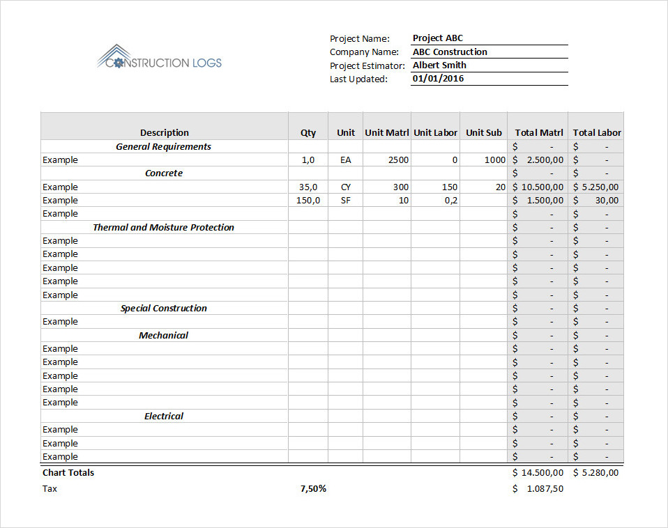 Construction Cost Estimate Template Excel Construction Cost Estimate Template Excel