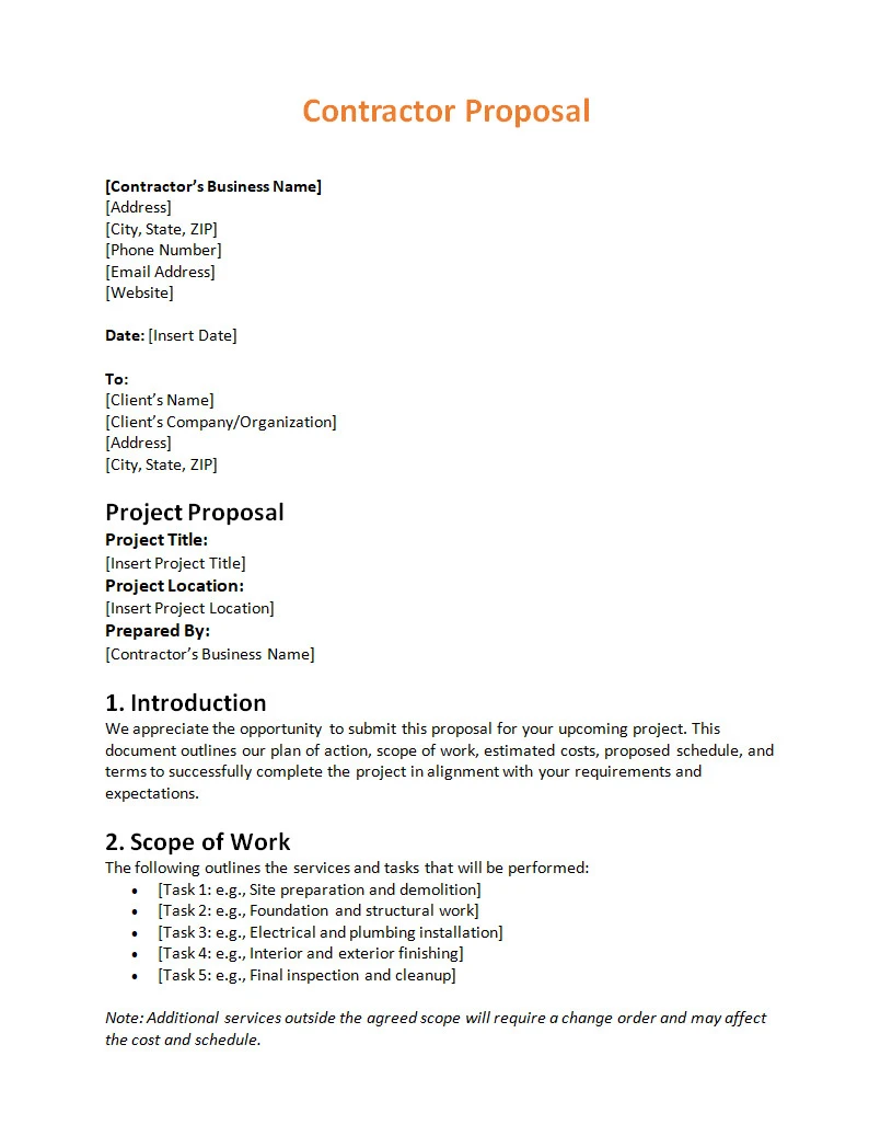 Contractor Proposal Template Simple Contractor Proposal Template Word