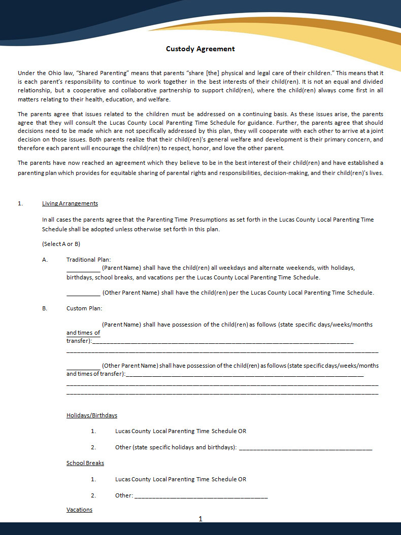 Custody Agreement Template Free Custody Agreement Template Word