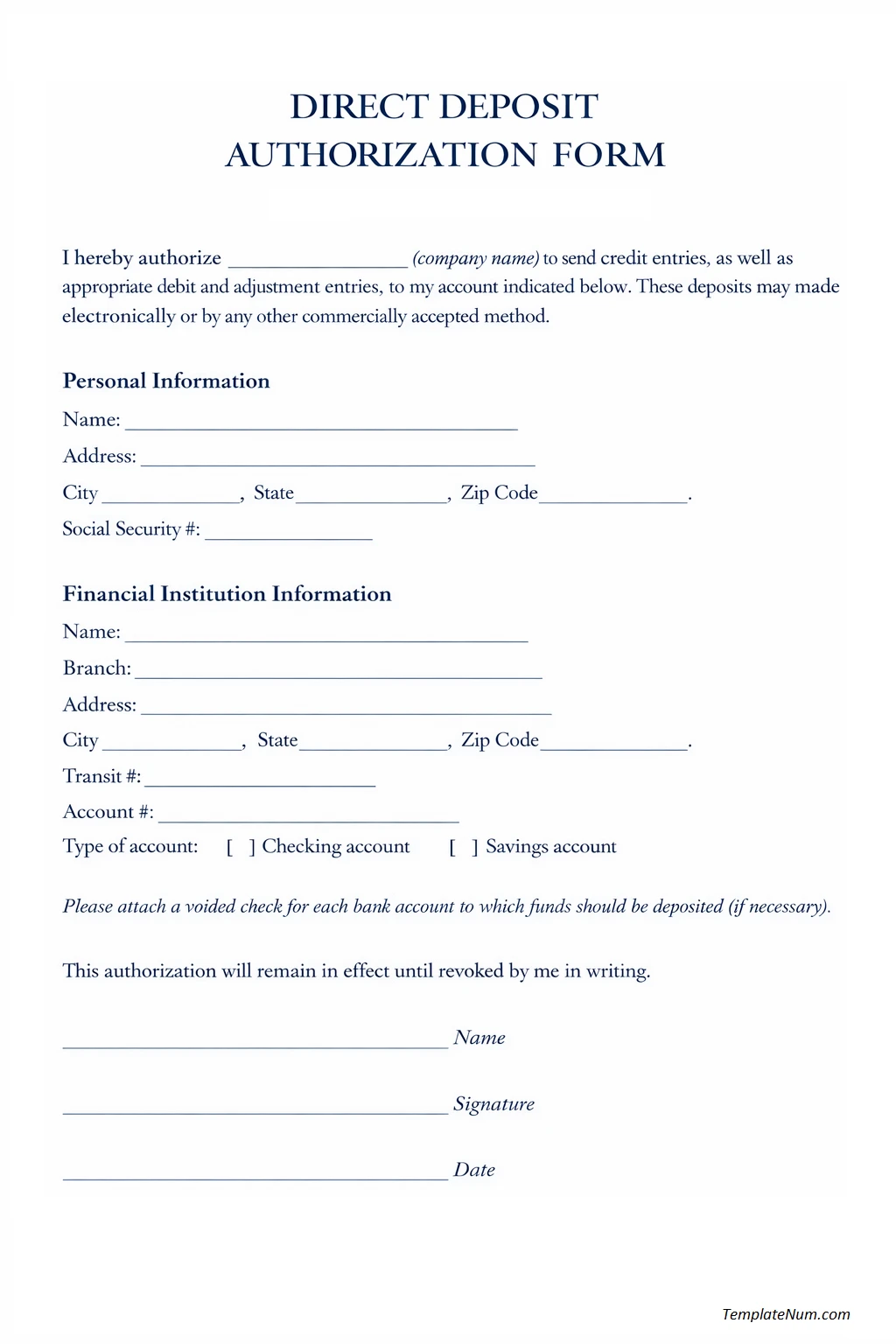Direct Deposit Authorization Form Direct Deposit Authorization Form