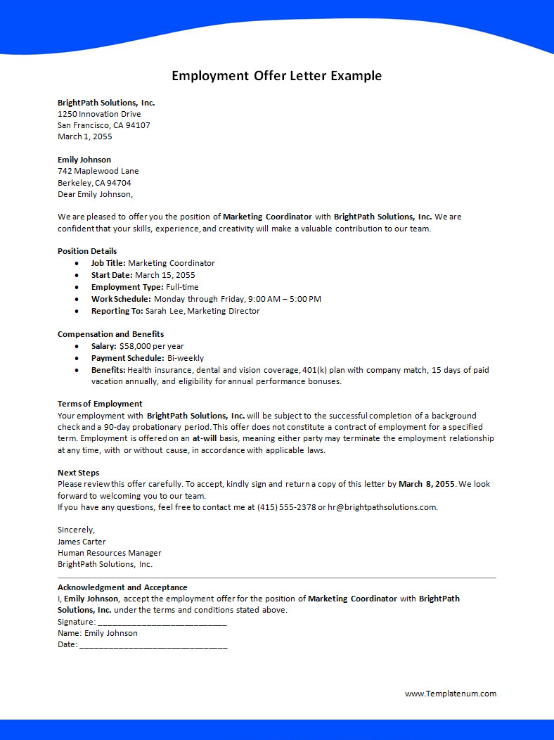 Employment Offer Letter Template Free Employment Offer Letter Template Word