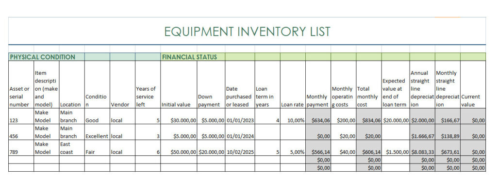 Printable Equipment Inventory List Template