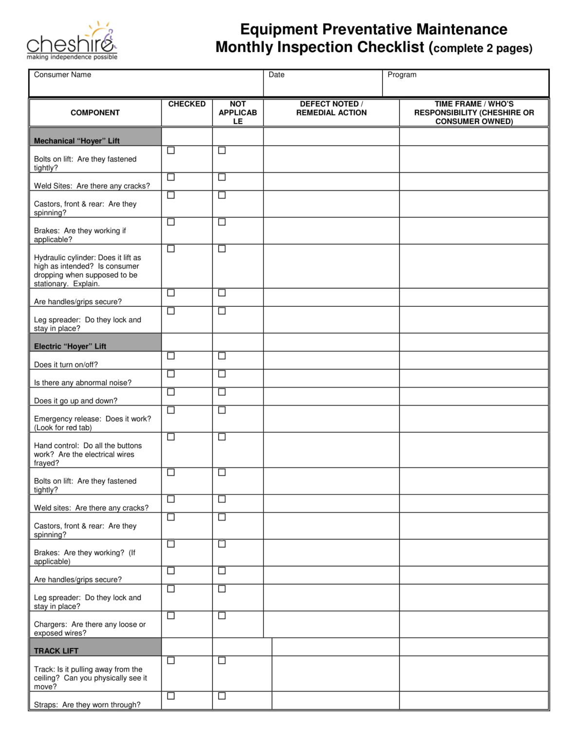 Equipment Preventive Maintenance Checklist Template
