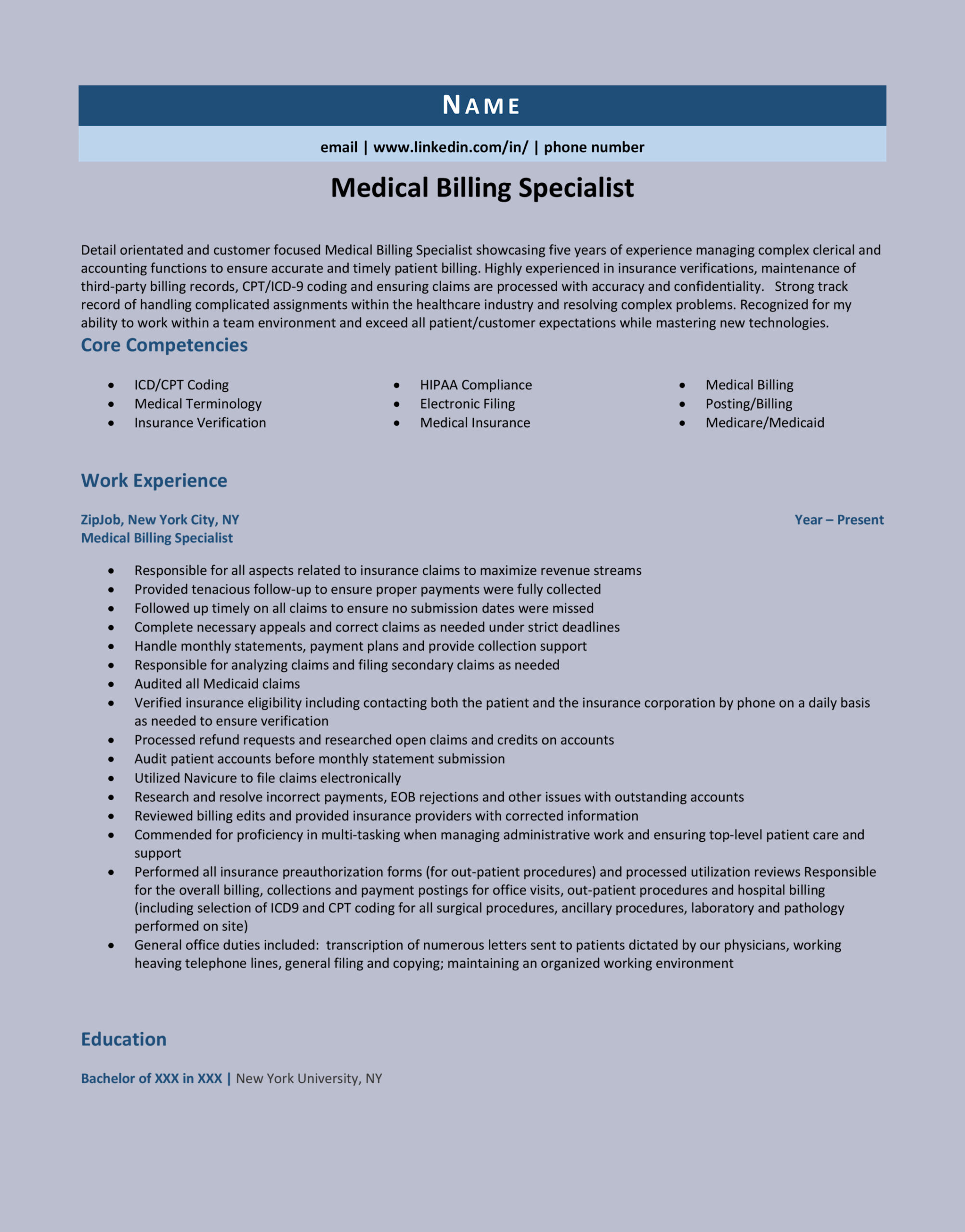 Example Resume Template for Medical Billing Example Resume Template for Medical Billing