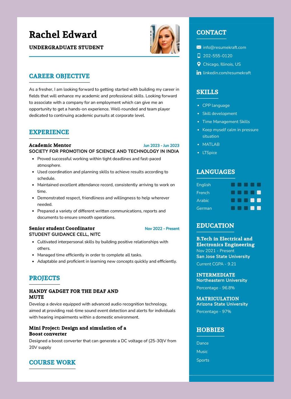 Example Resume Template for Undergraduate Students Example Resume Template for Undergraduate Students