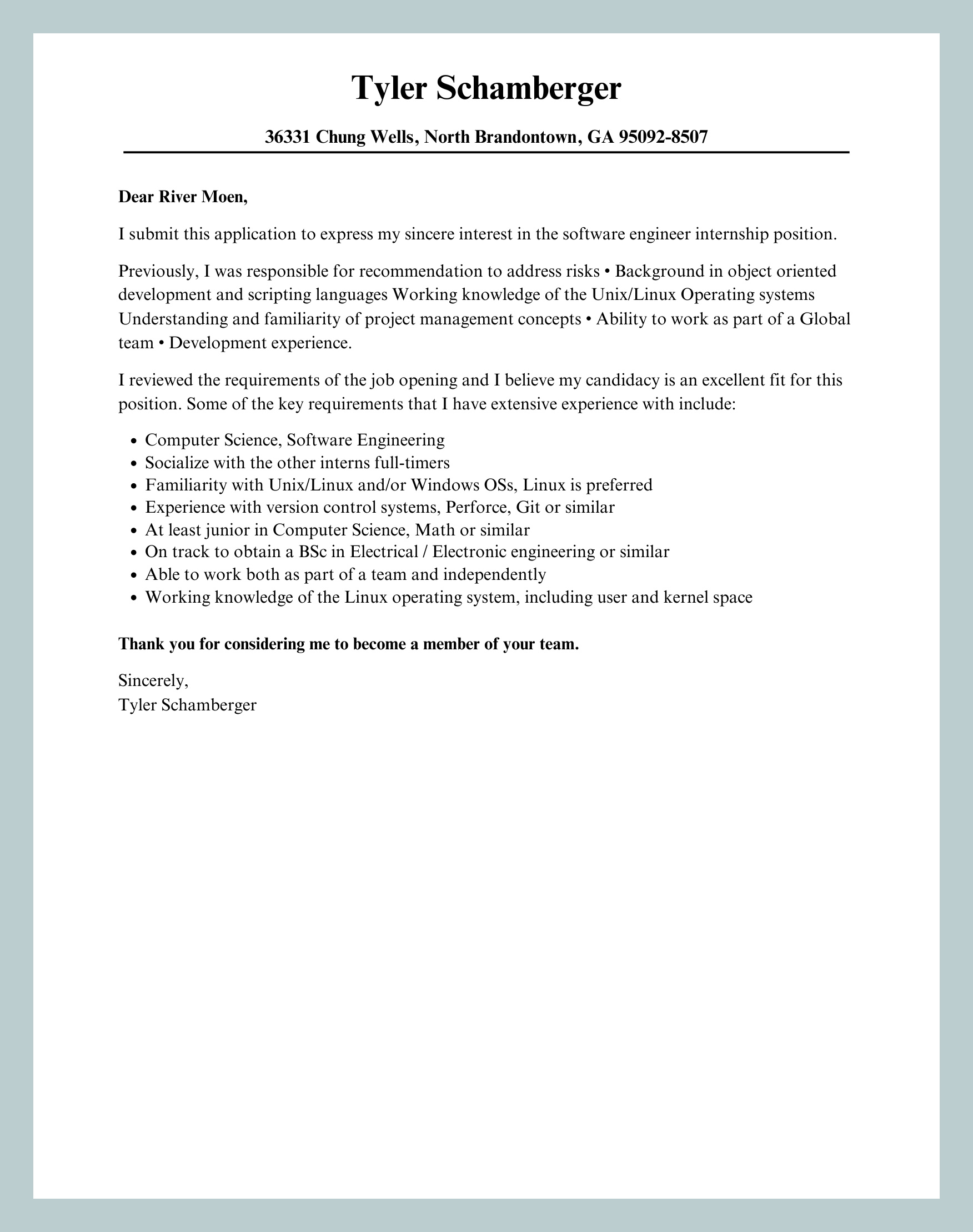 Example Software Engineer Internship Cover Letter Template Example Software Engineer Internship Cover Letter Template