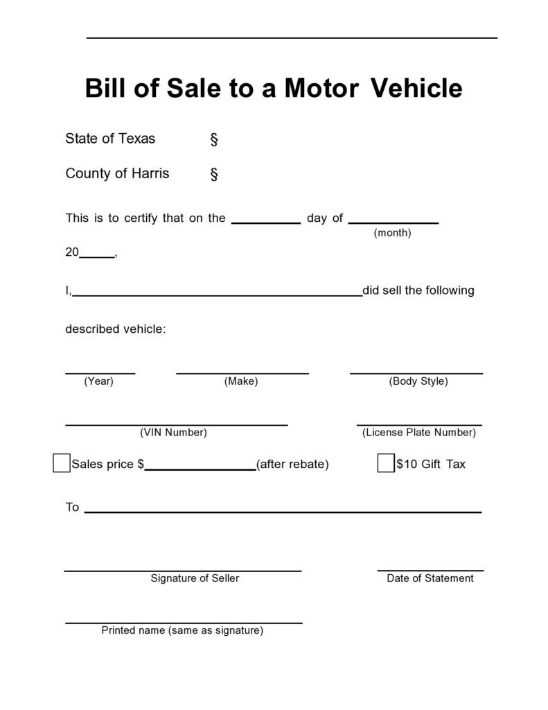 Printable Bill of Sale for Car Template