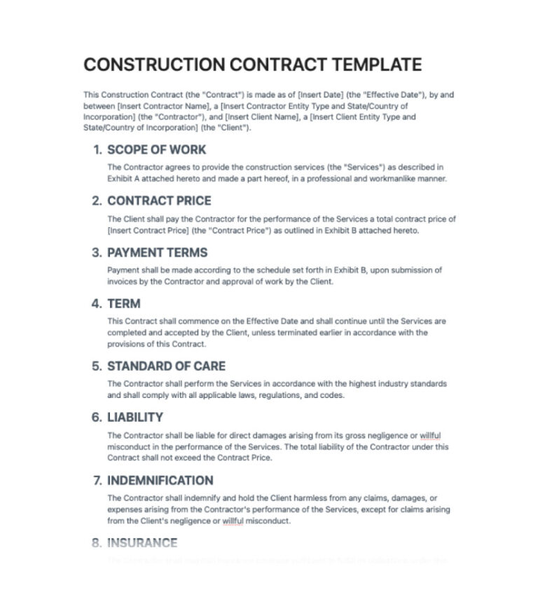 Contract For Work Example Contract Agreement For Construction Work