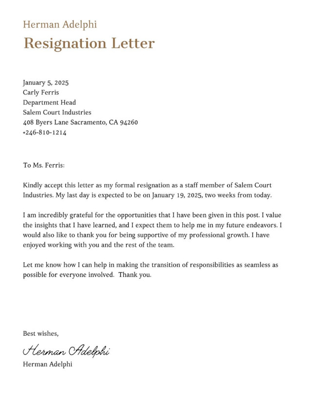 Example of Employment Resignation Letter Template Example of Employment Resignation Letter Template