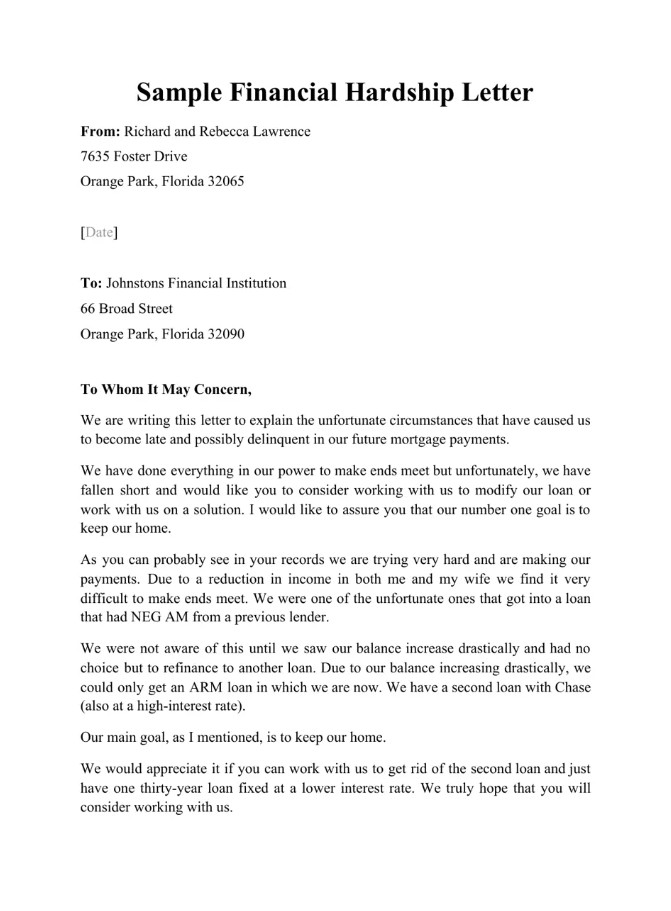Example of Financial Hardship Letter Template Example of Financial Hardship Letter Template