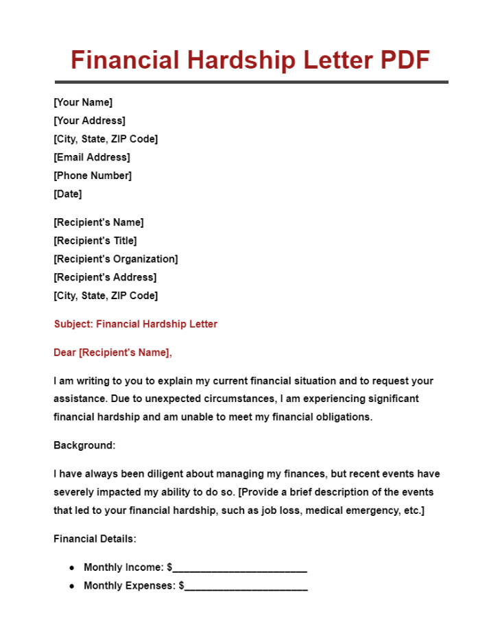 Financial Hardship Letter Template Financial Hardship Letter Template