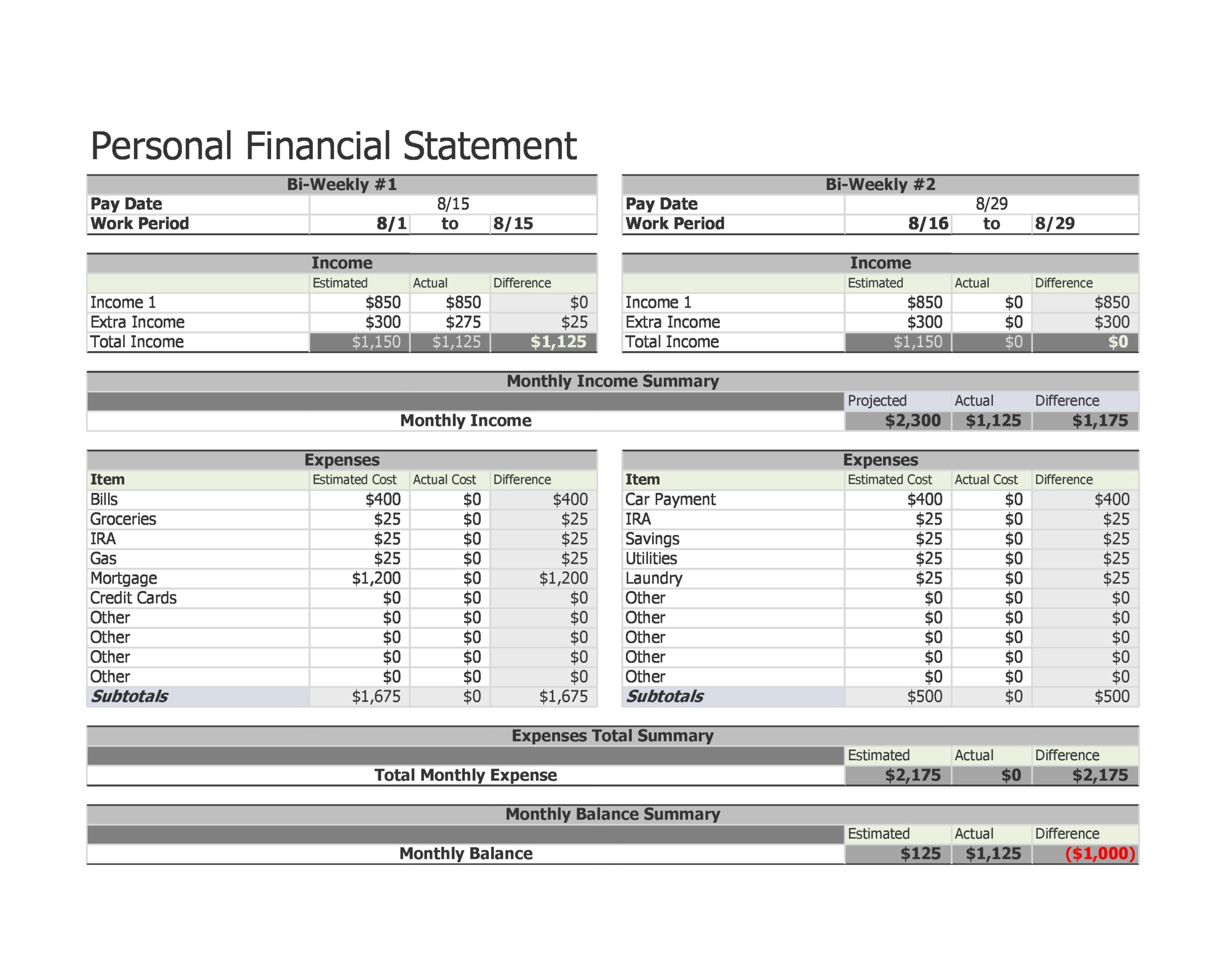 Financial Statement Template Sample Financial Statement Template Sample