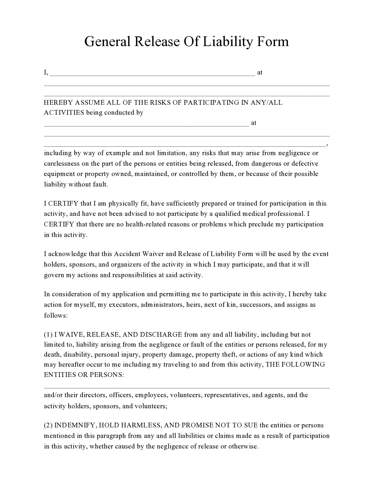 General Release of Liability Form Template General Release of Liability Form Template