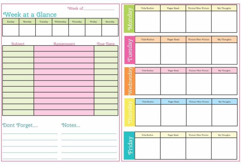 Printable Girly Cute Homework Planner Template