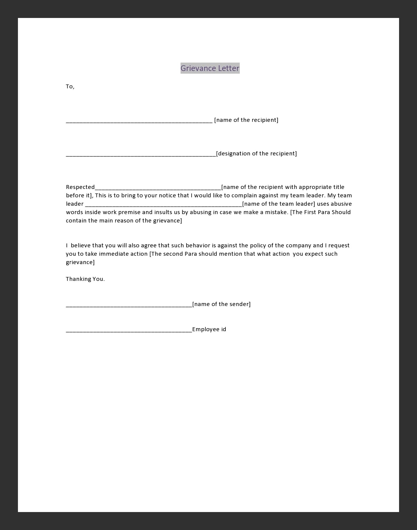 Grievance Letter Template Sample Grievance Letter Template Sample