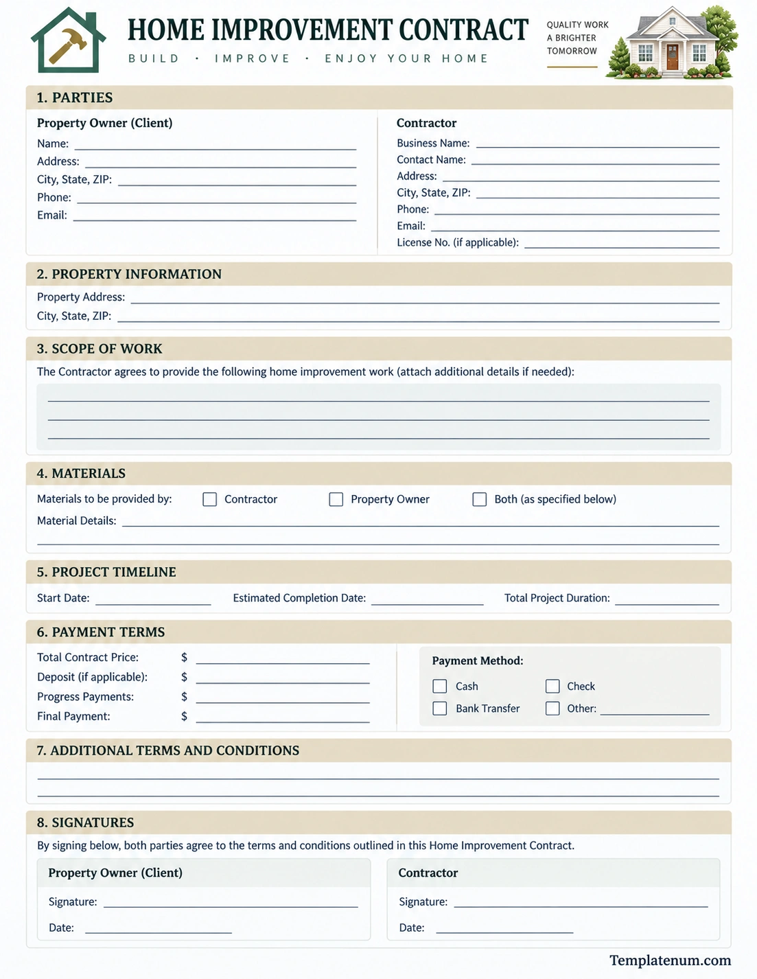 Home Improvement Contract Template Home Improvement Contract template with contractor, property owner, project scope, materials, timeline, payment terms, and signature sections