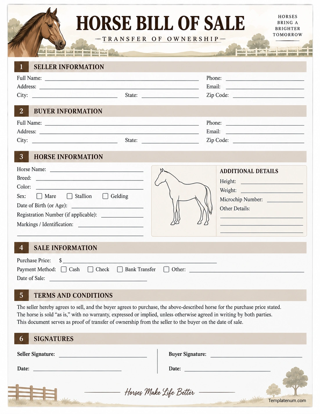 Horse Bill of Sale Template Printable horse bill of sale template with seller, buyer, horse identification, sale terms, and signature sections