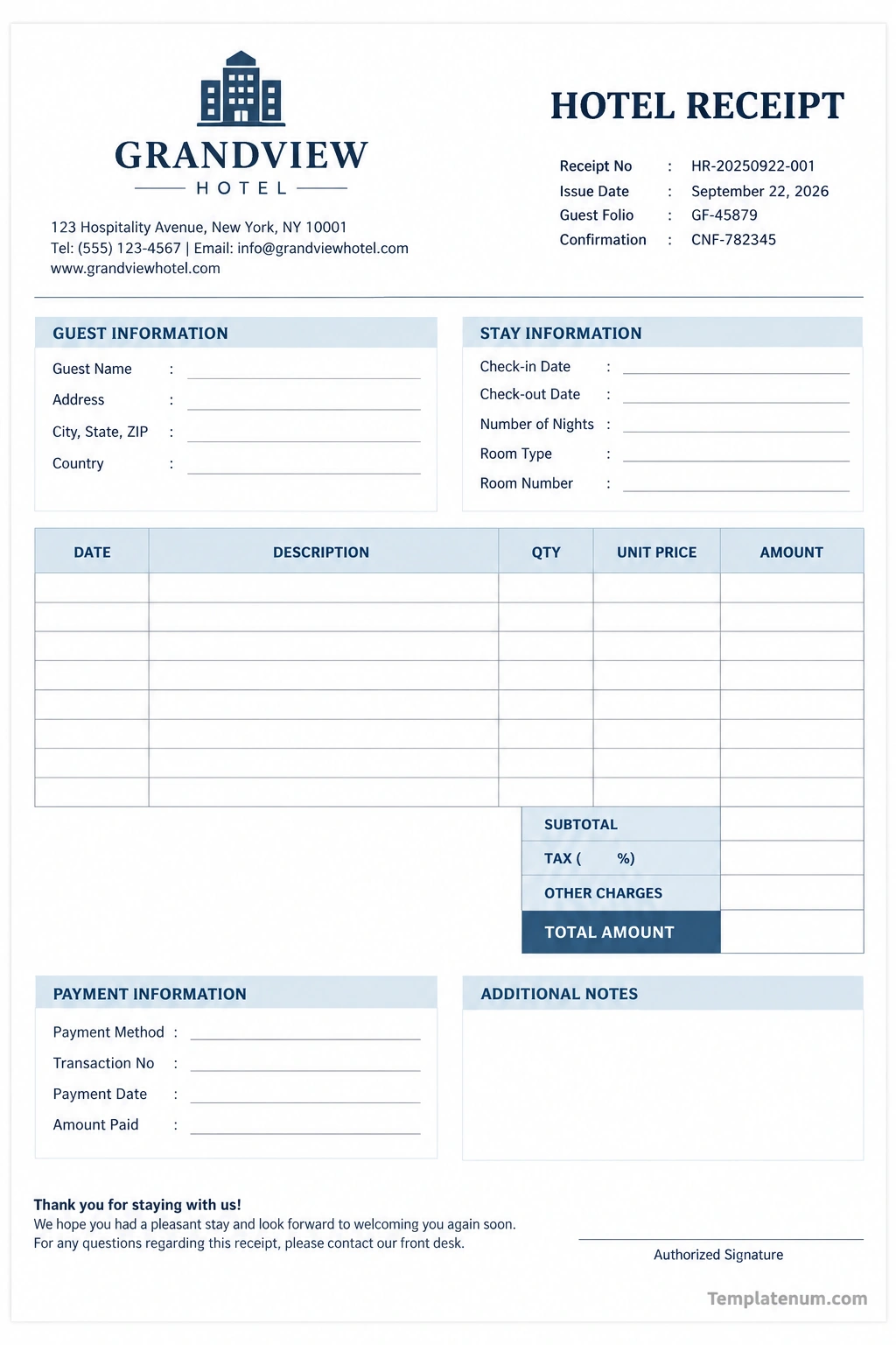 Hotel receipt template with guest information, stay details, itemized charges, payment information, and total amount