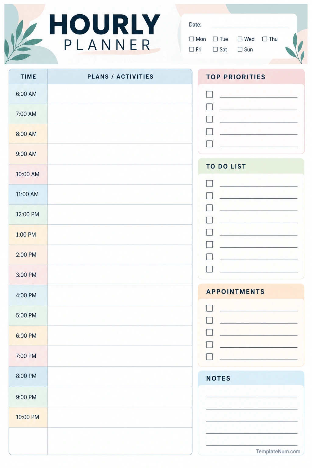 Hourly Planner Template Printable hourly planner template with hourly schedule, priorities, to-do list, appointments, and notes