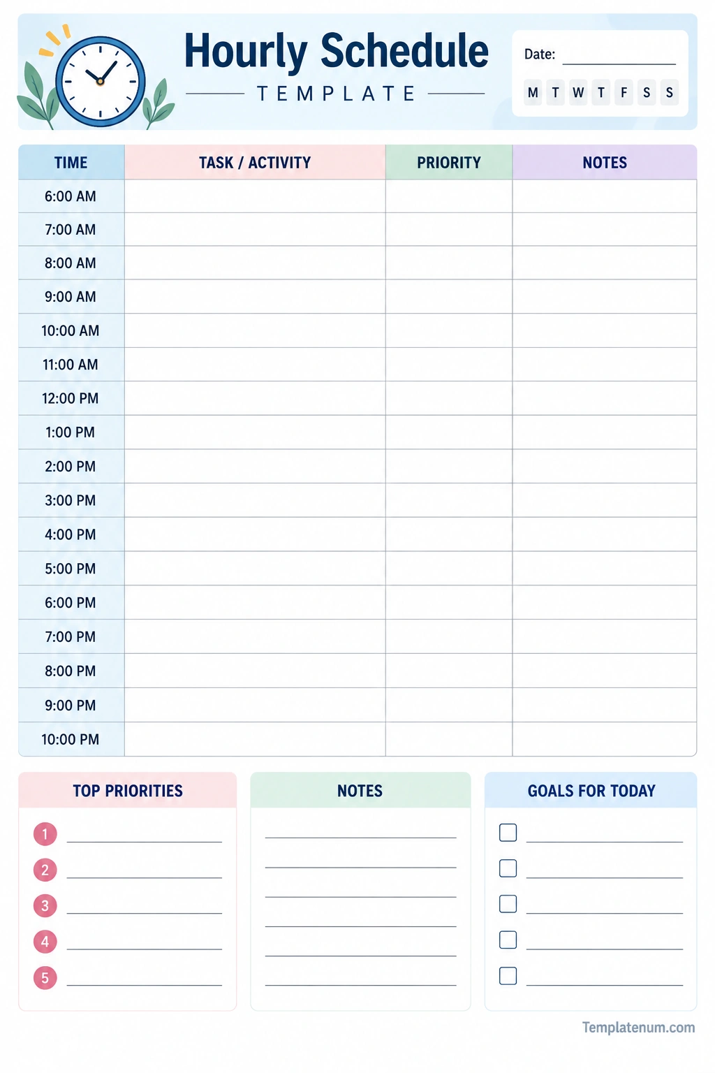 Hourly Schedule Template Printable hourly schedule template with time slots, tasks, priorities, notes, and daily goals