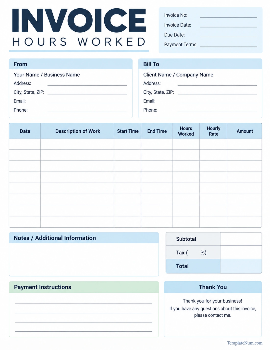 Printable hours worked invoice template with work description, hours, hourly rate, and total amount sections