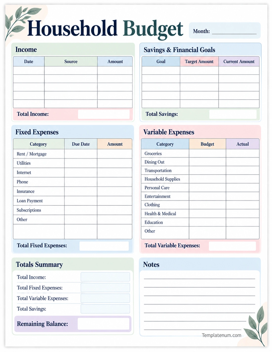 Household Budget Template Printable household budget template for tracking income, expenses, savings, and monthly spending