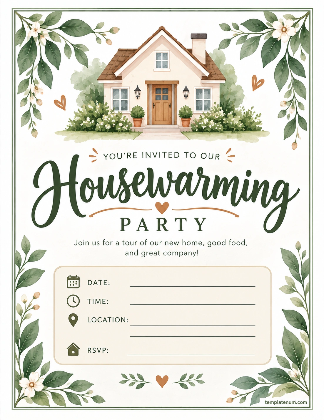 Housewarming Party Invitation Template Housewarming party invitation template with illustrated new home, greenery, date, time, location, and RSVP details