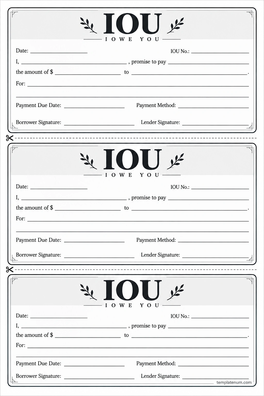 IOU Template Printable IOU template with fields for the date, borrower, lender, amount owed, purpose, payment due date, and signatures