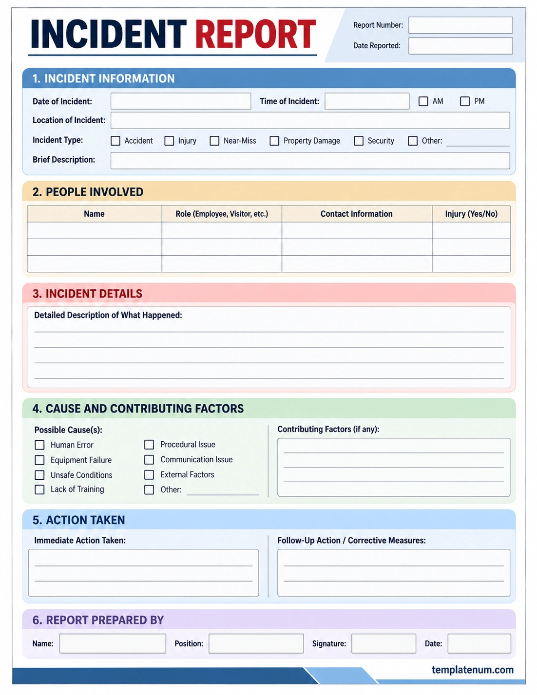 Incident Report Template Incident Report Template with sections for incident details, people involved, causes, actions, and report information