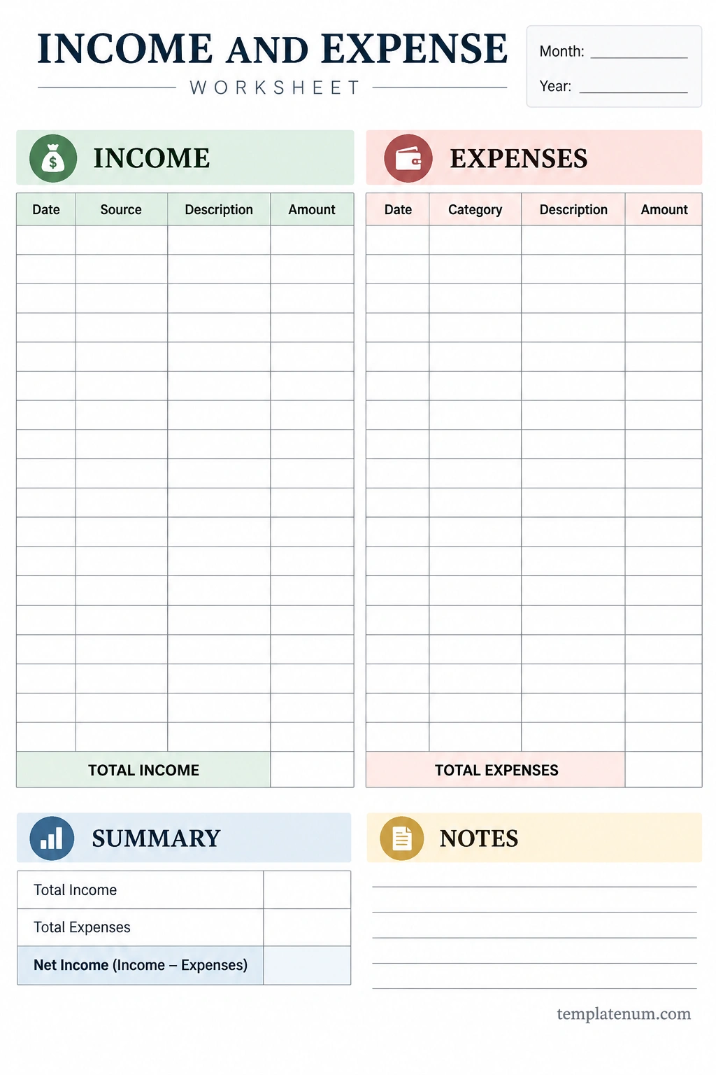 Income And Expense Template Income and expense worksheet template with income records, expense categories, monthly totals, net income summary, and notes