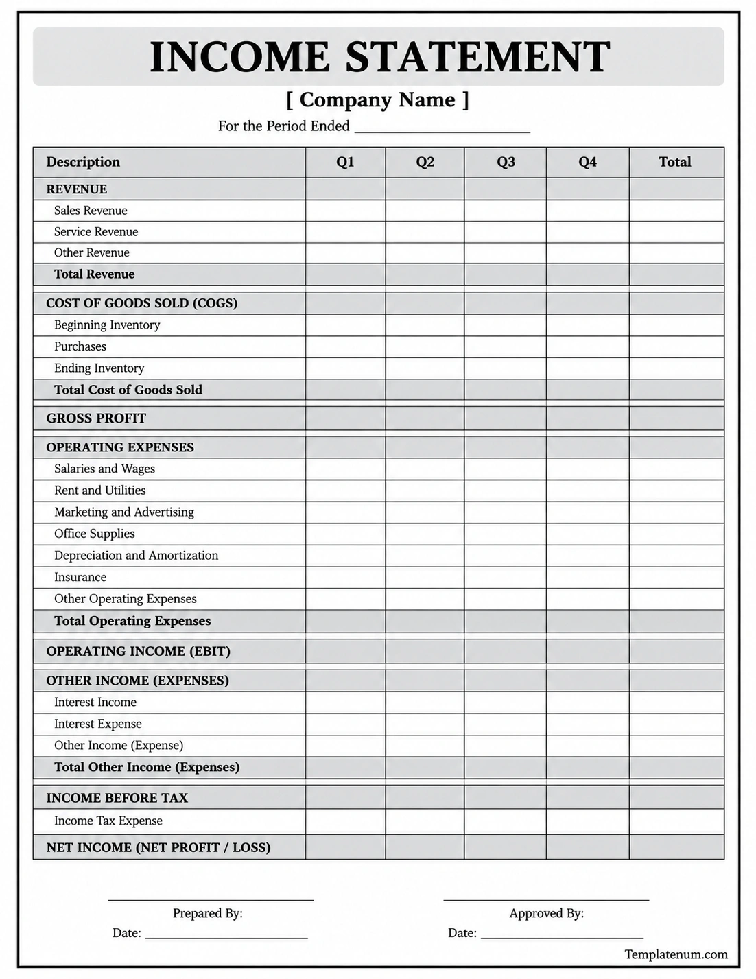 Income Statement Template Income Statement Template