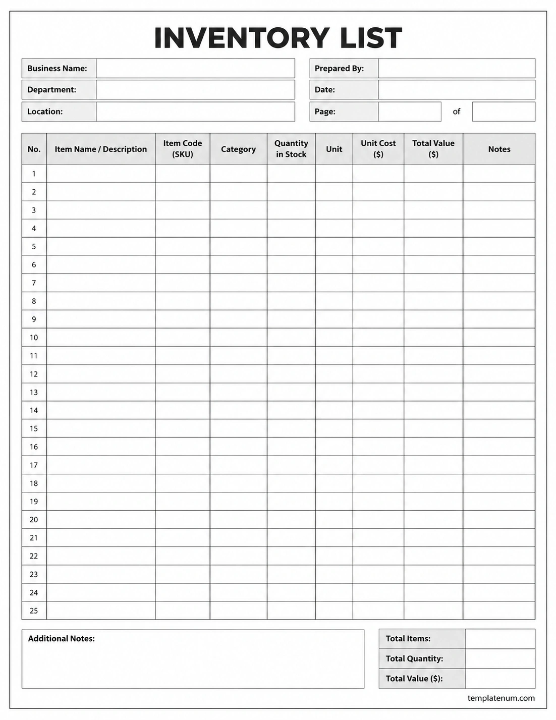 Inventory List Template Printable inventory list template in black and white with columns for item description, SKU, category, quantity, unit cost, total value, and notes