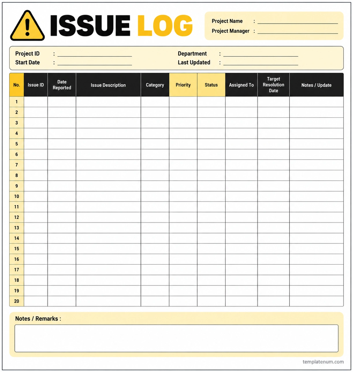 Free Printable Issue Log Template