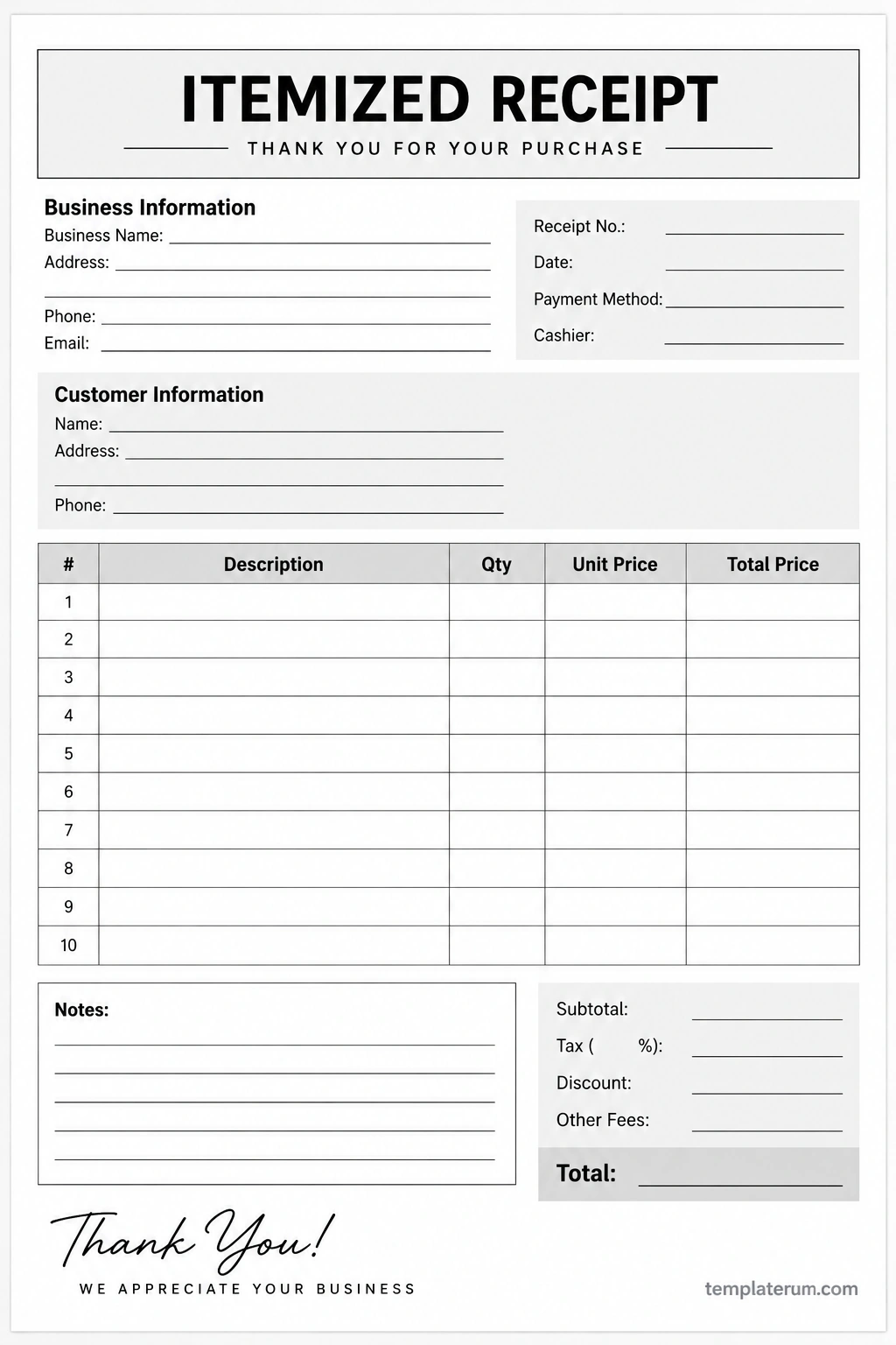 Itemized Receipt Template Printable itemized receipt template with business and customer information, numbered line items, quantities, unit prices, subtotal, tax, discounts, fees, and total