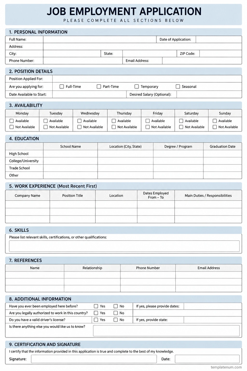Printable Job Employment Application Template With Personal Information, Work History, Education, Skills, and References