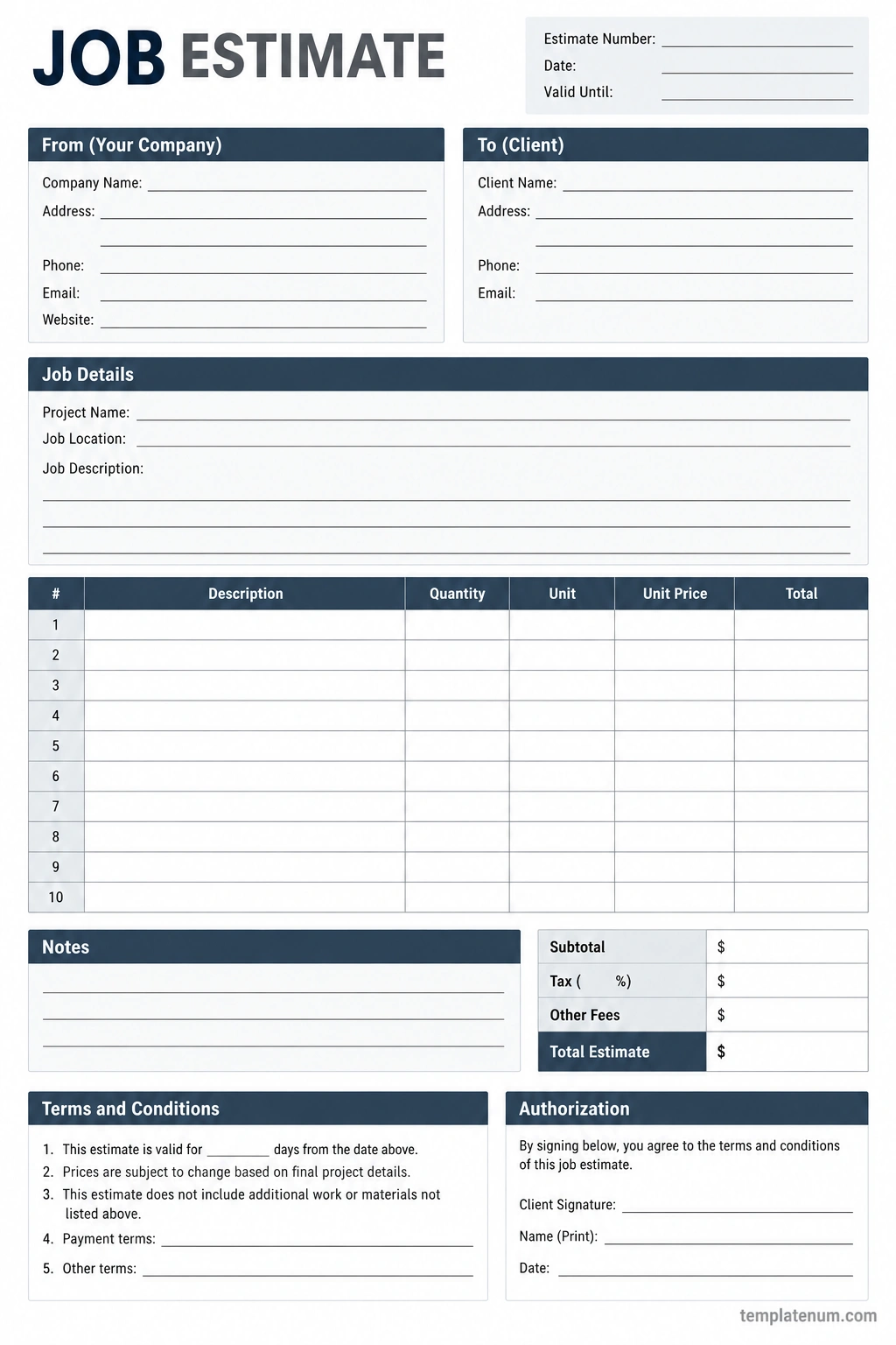 Printable job estimate template with client information, job details, itemized labor and material costs, total estimate, terms, and authorization fields