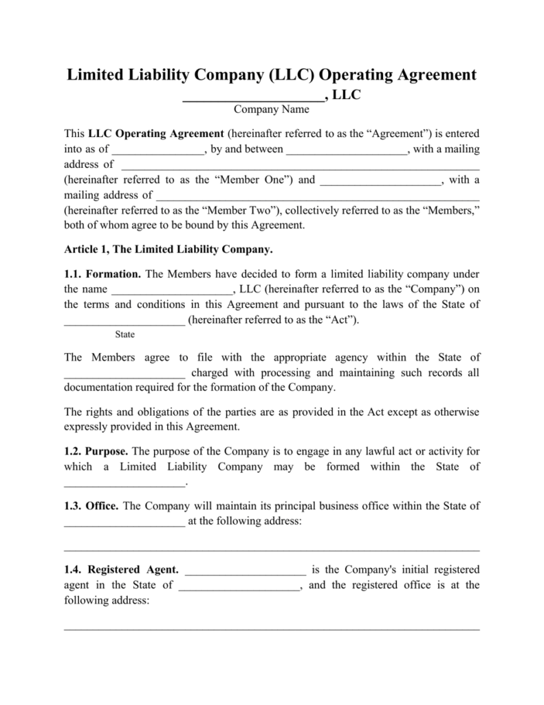 Limited Liability Operating Agreement Template
