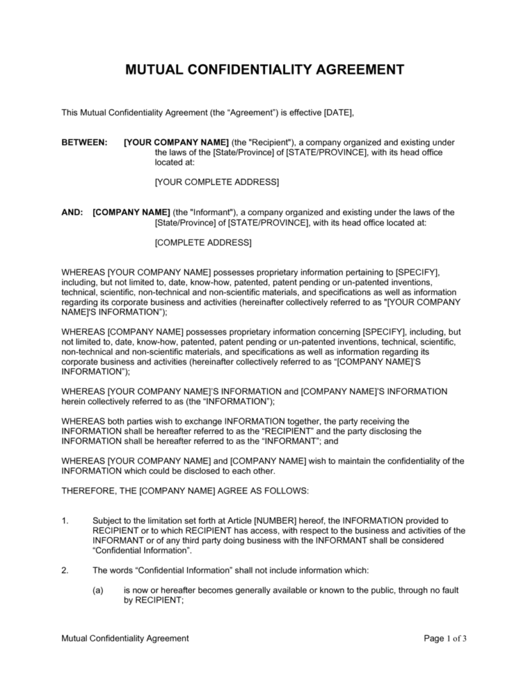Mutual Confidentiality Agreement Template