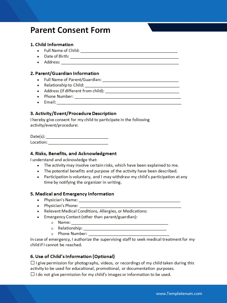 Parent Consent Form Parental Consent Form Template Word